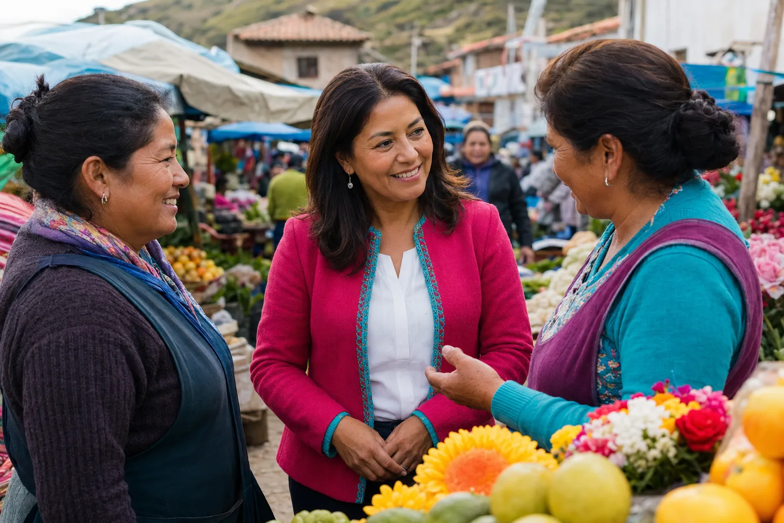 Candidata ficticia conversando con comerciantes en un mercado provincial